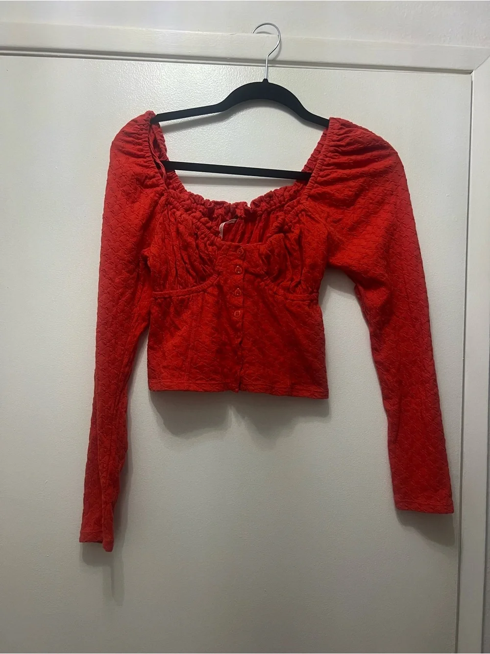 Free People Ladybug Long Sleeve Top Red Cropped Button Front Size Small